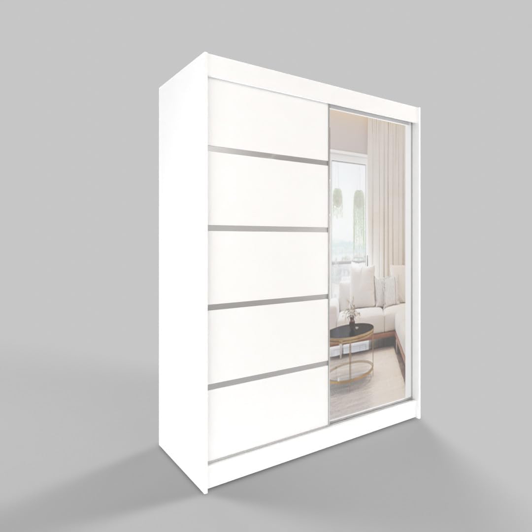 White Series 150 cm Sliding Door Wardrobe with Mirror Widths 100/120/150/180/200/250 cm Furniture for Bedroom Living Room Wardrobe with Hanging Rail
