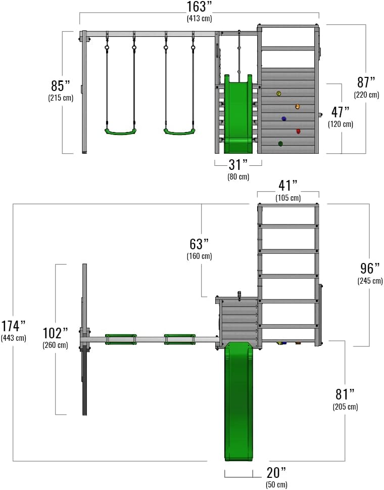 Wooden climbing frame ActionArena Air XXL with swing set &amp; apple green slide