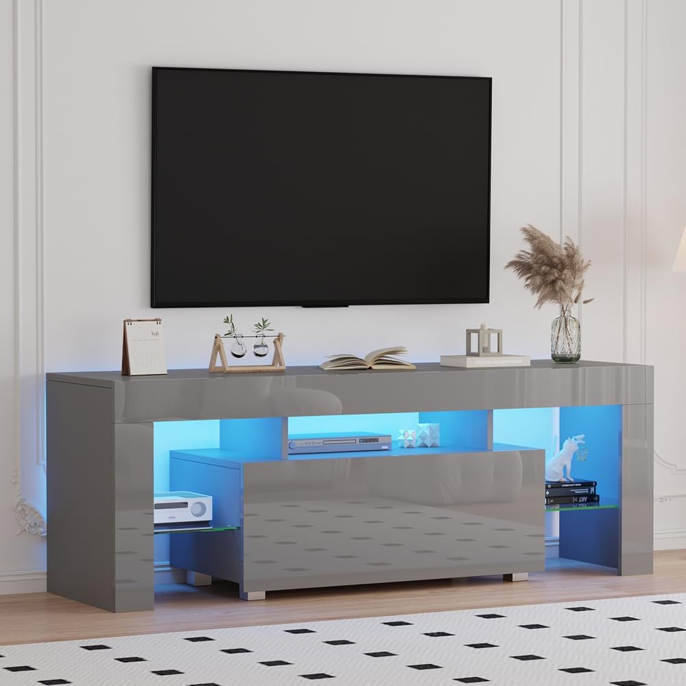 130cm High Gloss Grey TV Stand Cabinet With RGB LED Lights
