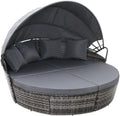 Bali 4 Piece Modular Round Rattan Wicker Patio Garden Furniture Daybed Sun Lounger Set with Extendable Canopy and Conversation Seat Cushions (Mixed Grey)