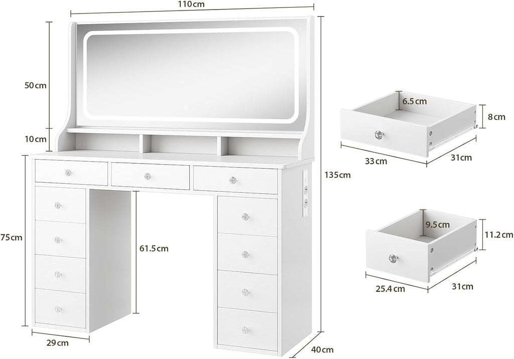 Dressing Table Vanity Desk with Mirror and Drawers Vanity Table Makeup Desk Shelves Storage Adjustable Brightness Makeup Table Cosmetic Bedroom Dresser Furniture (White 11 Drawers