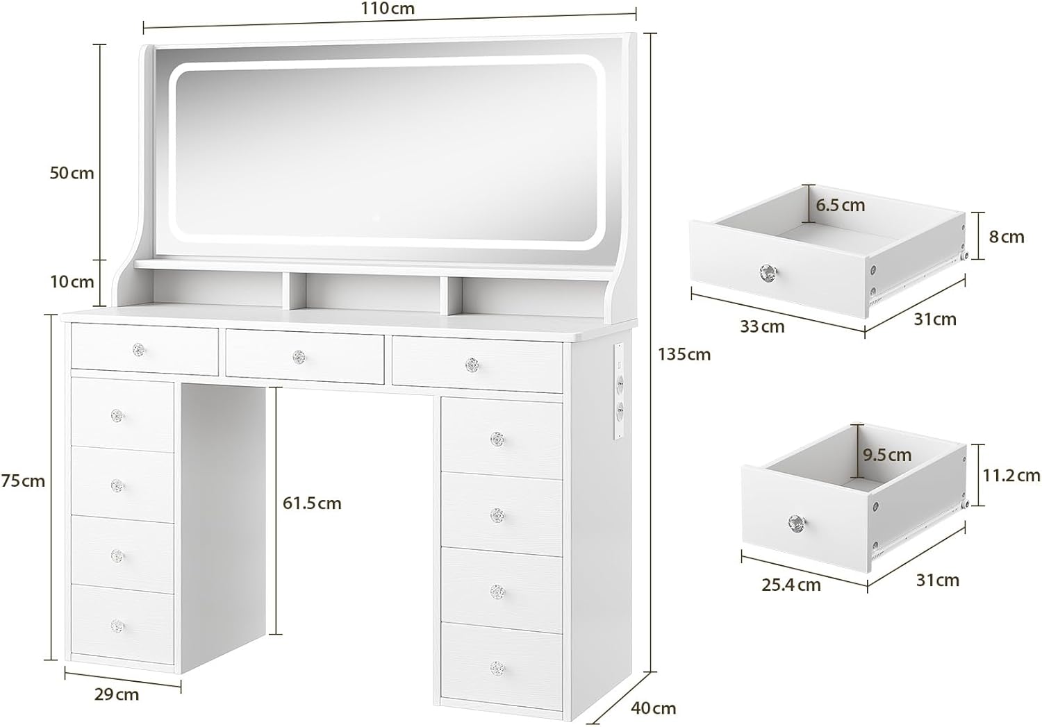 Dressing Table Vanity Desk with Mirror and Drawers Vanity Table Makeup Desk Shelves Storage Adjustable Brightness Makeup Table Cosmetic Bedroom Dresser Furniture (White 11 Drawers
