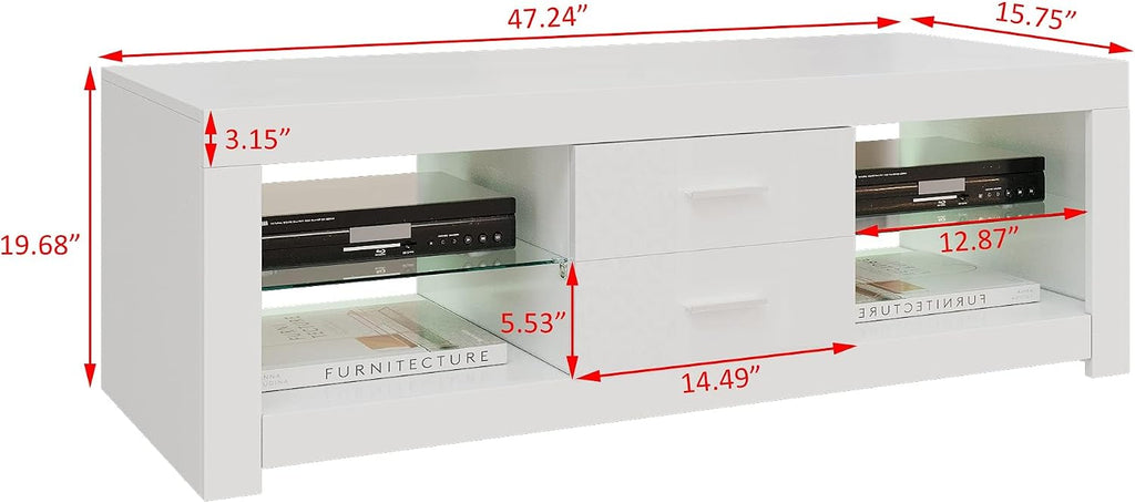Modern TV Unit Stand Cabinet 120cm 2 Drawers 2 Glass Shelves Media Storage Sideboard with RGB LED Lights up to 55" TVs Screen