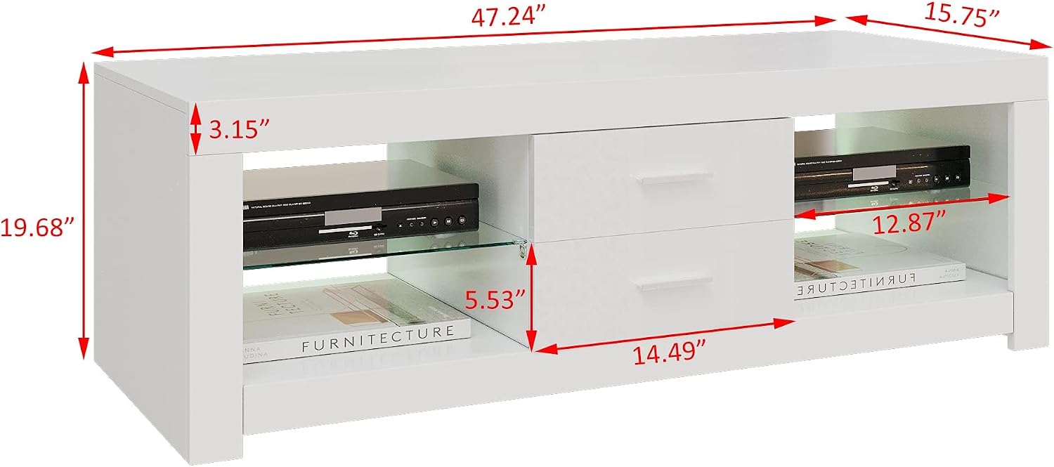 Modern TV Unit Stand Cabinet 120cm 2 Drawers 2 Glass Shelves Media Storage Sideboard with RGB LED Lights up to 55" TVs Screen