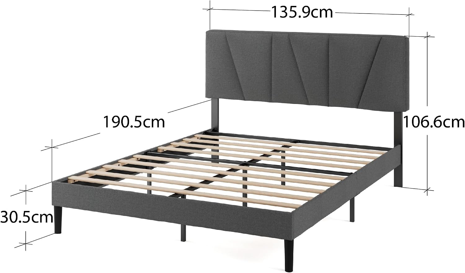 Double Bed Frame with Headboard - 4ft6 (135 x 190 cm) - Upholstered Bed Base - Wooden Slat Support - Easy Assembly - Dark Grey