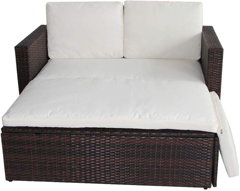 2 Seat Rattan Garden Furniture Patio Outdoor Sofa Set Daybed Sun Lounger with Cushions and Adjustable Footstool for Balconies Patios Conversation (Brown)