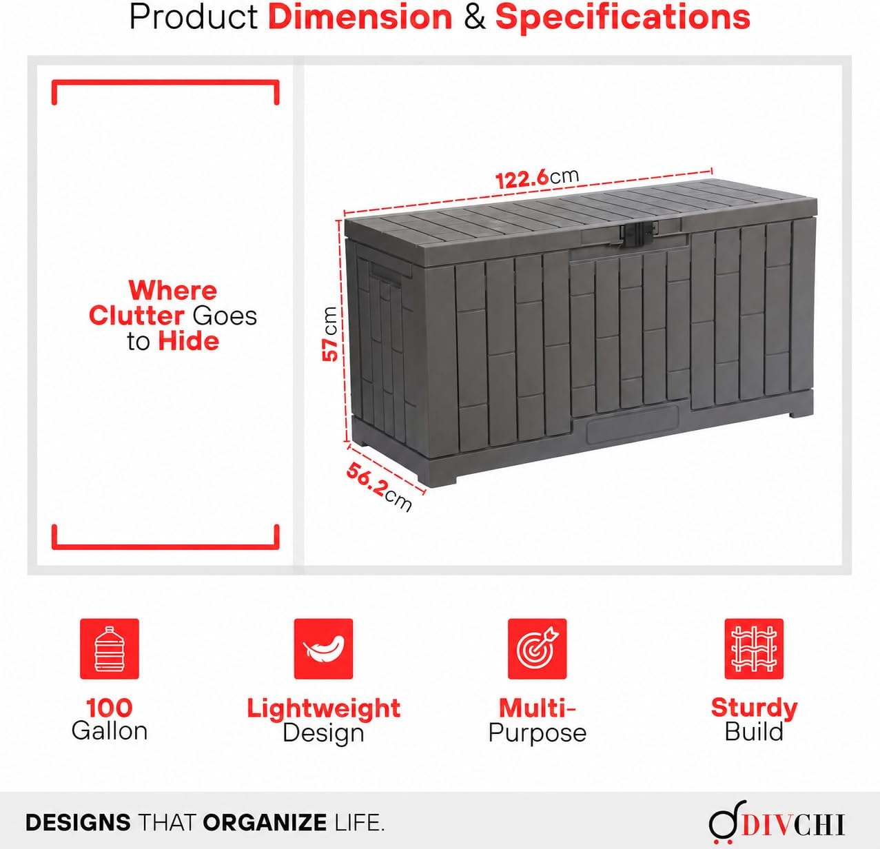 Outdoor Storage Box Waterproof Deck Box for Garden Tools Patio Cushions Toys Logs Coal and Pool Accessories Lockable Indoor Outdoor Storage for Supplies &amp; Essentials (100 Gallon)