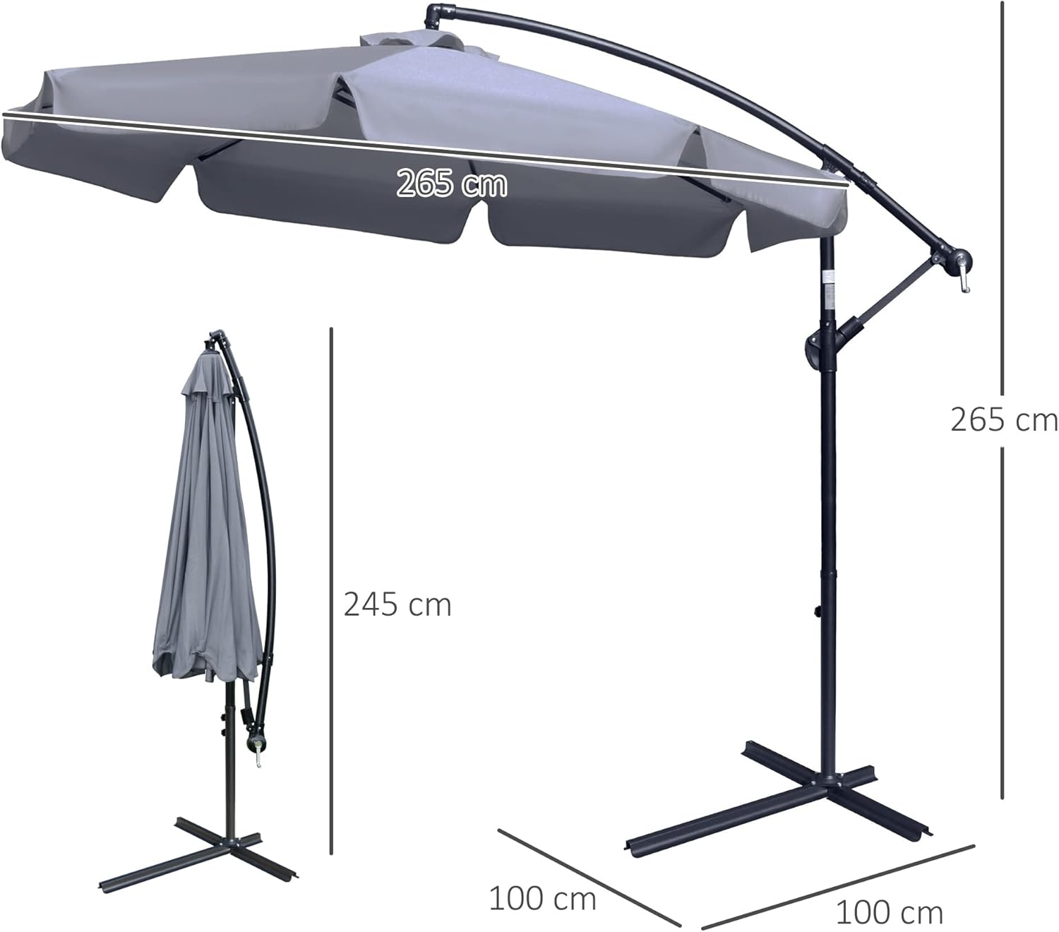 2.7m Garden Banana Parasol Cantilever Umbrella with Crank Handle and Cross Base for Outdoor