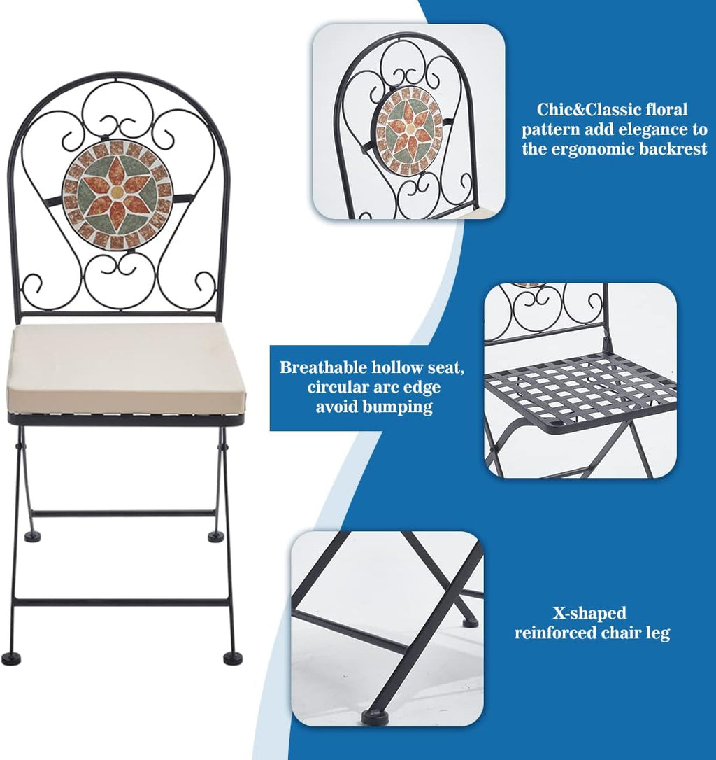 Set Mosaic Table and Chairs Garden Dining Table 2 Folding Chairs with Cushion Outdoor Coffee Table and Metal Chair Seat for Balcony