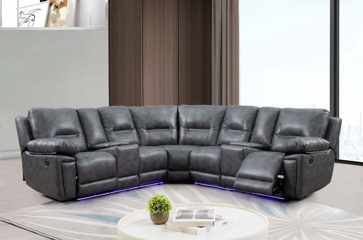 Leather Electric Recliner Sofa With Cupholders - Leather Corner Sofa - 3+2 Seater - USB Charging Ports - LED Lights - Grey(Corner)