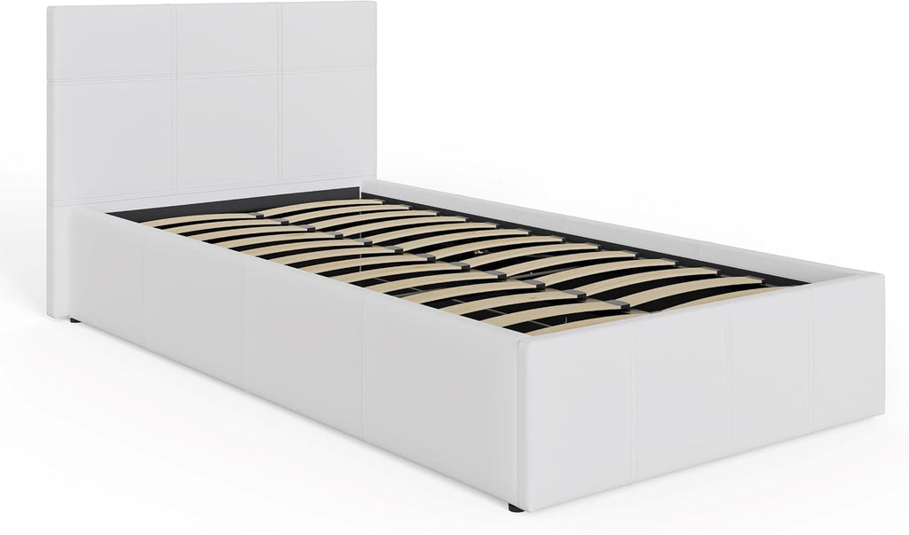 Single White Upholstered Fabric Ottoman Bed Frame