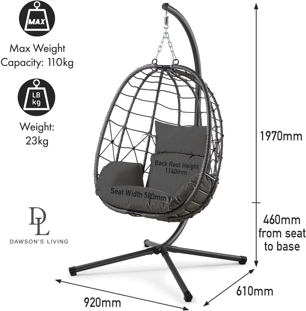 Folding Hanging Egg Chair INCLUDES WEATHERPROOF COVER - Outdoor and Indoor Rattan Weave Swing Chair Hammock - Hanging Chair (Grey with Grey Cushion)