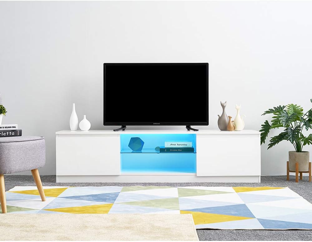 Modern TV Unit Cabinet Stand LED Cupboard 160CM Matt Body and High Gloss Front (White) (White)
