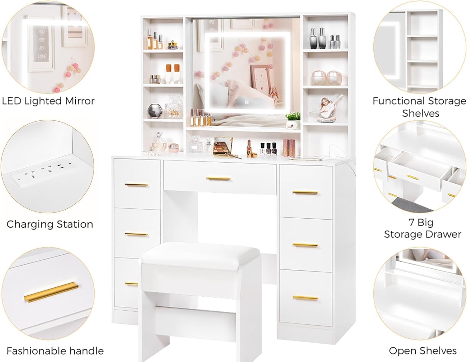 Dressing Table with Lighted Mirror Makeup Vanity Desk with Power Outlet 7 Drawers 3 Colors Lighting Adjustable Brightness Modern Vanity Table for Women Bedroom Dressing Room White YBDT90W
