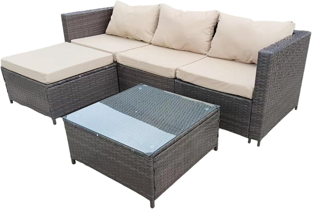 Garden Furniture Rattan Corner Sofa Set with Glass Coffee Table Ottoman for Patio Outdoor Lounge All-weather SFS066 (Mix Dark Natrual Brown+Brown Cushion)