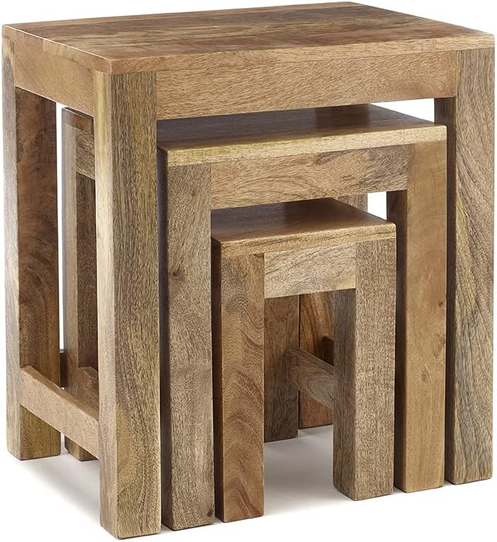 Wood Nest Of Three 3 Tables End Side Lamp Table (Light)