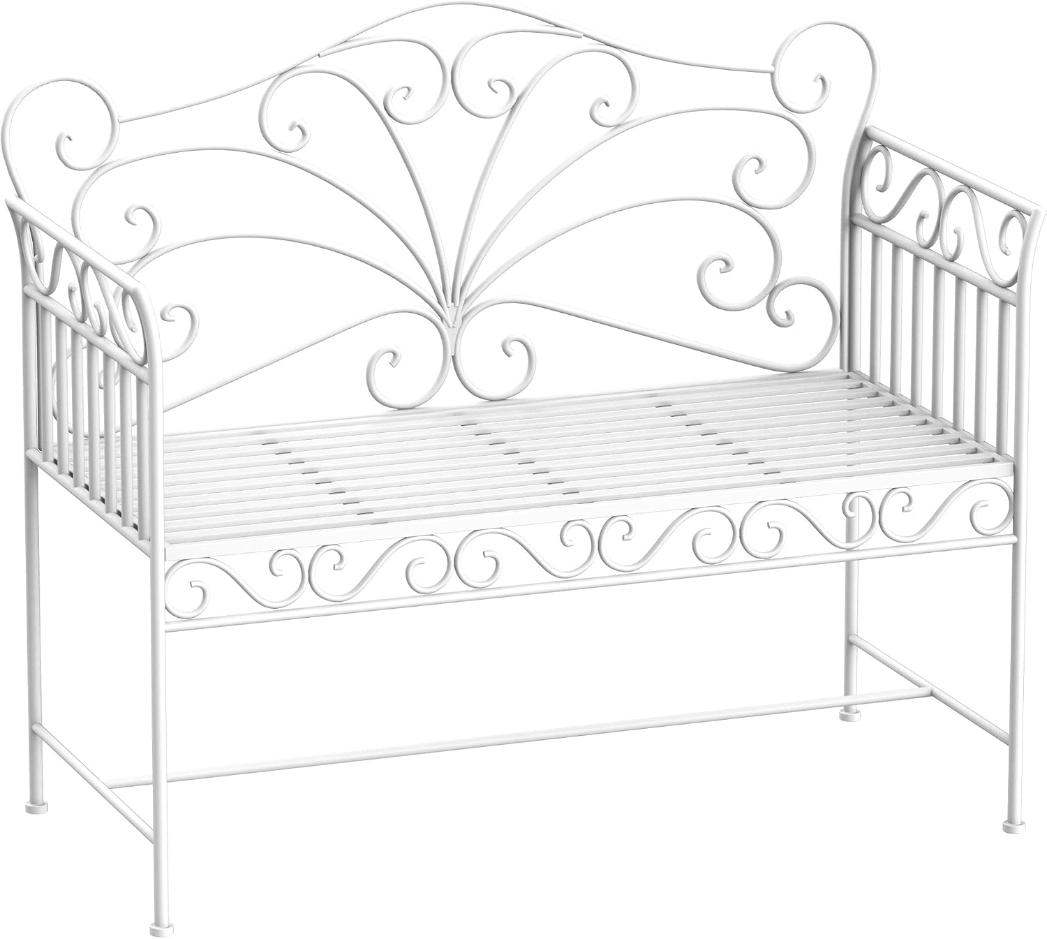Garden 2 Seater Metal Bench Park Seating Outdoor Furniture Chair w/Decorative Backrest White