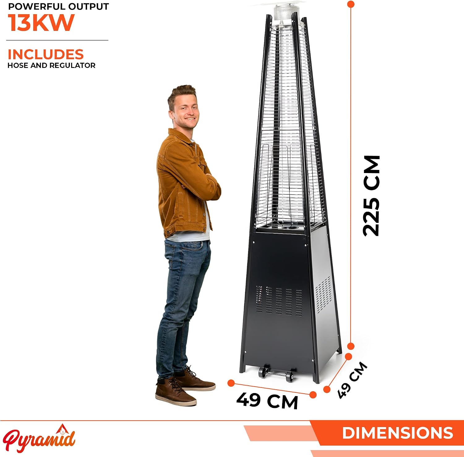 Outdoor Pyramid Patio Heater in Black - 13KW Propane Gas Standing Floor Heater for Outdoors &amp; Gardens - Outside Space Heating for Decking