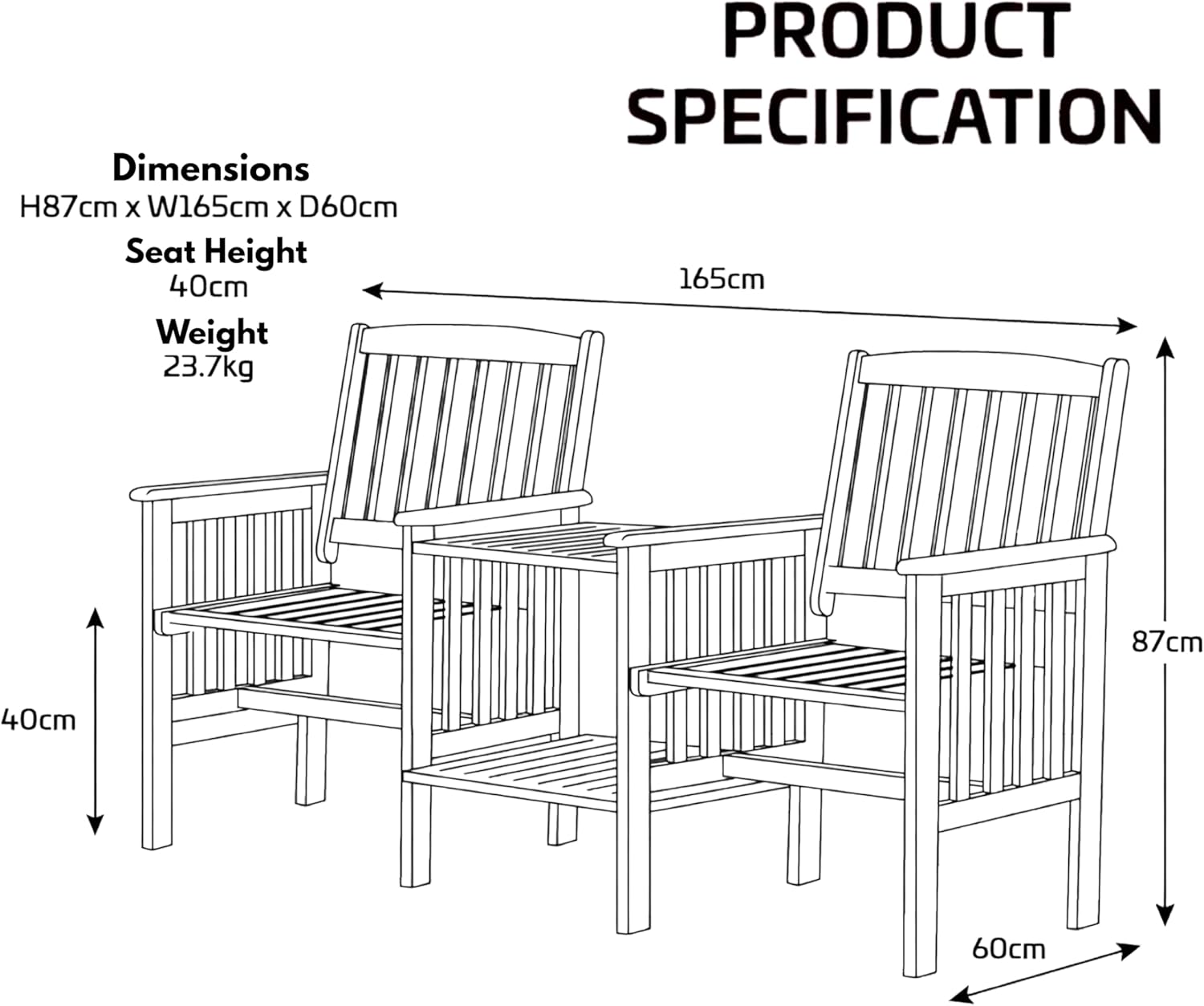 Garden Mile Jack and Jill Bench with Central Table - 2 Seater Wooden Garden Furniture