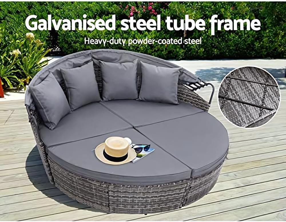 Bali 4 Piece Modular Round Rattan Wicker Patio Garden Furniture Daybed Sun Lounger Set with Extendable Canopy and Conversation Seat Cushions (Mixed Grey)