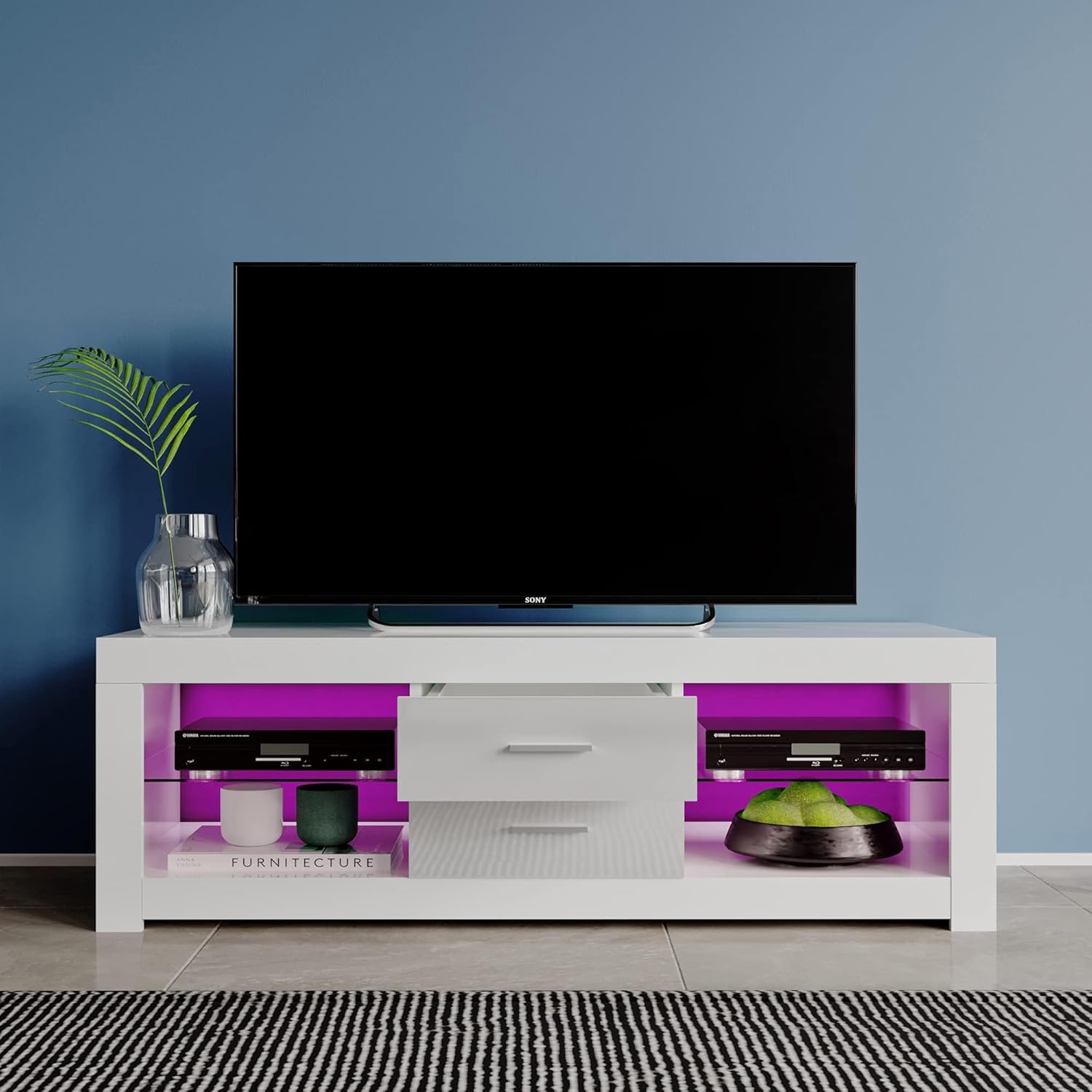 Modern TV Unit Stand Cabinet 120cm 2 Drawers 2 Glass Shelves Media Storage Sideboard with RGB LED Lights up to 55" TVs Screen