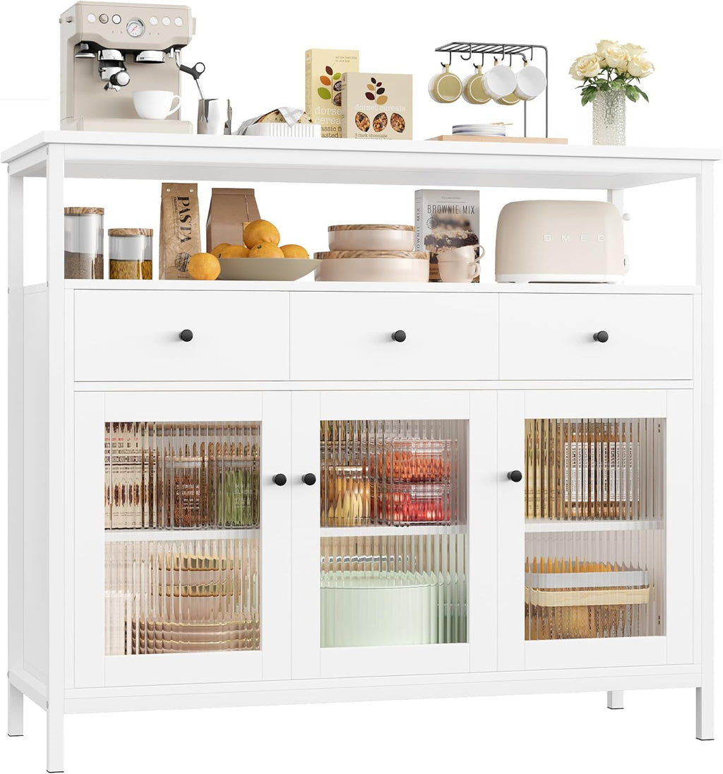 White Sideboard Storage Cabinet Kitchen Sideboard Buffet Cabinet with 3 Glass Doors 3 Drawers and Adjustable Shelves for Living Room Dining Room