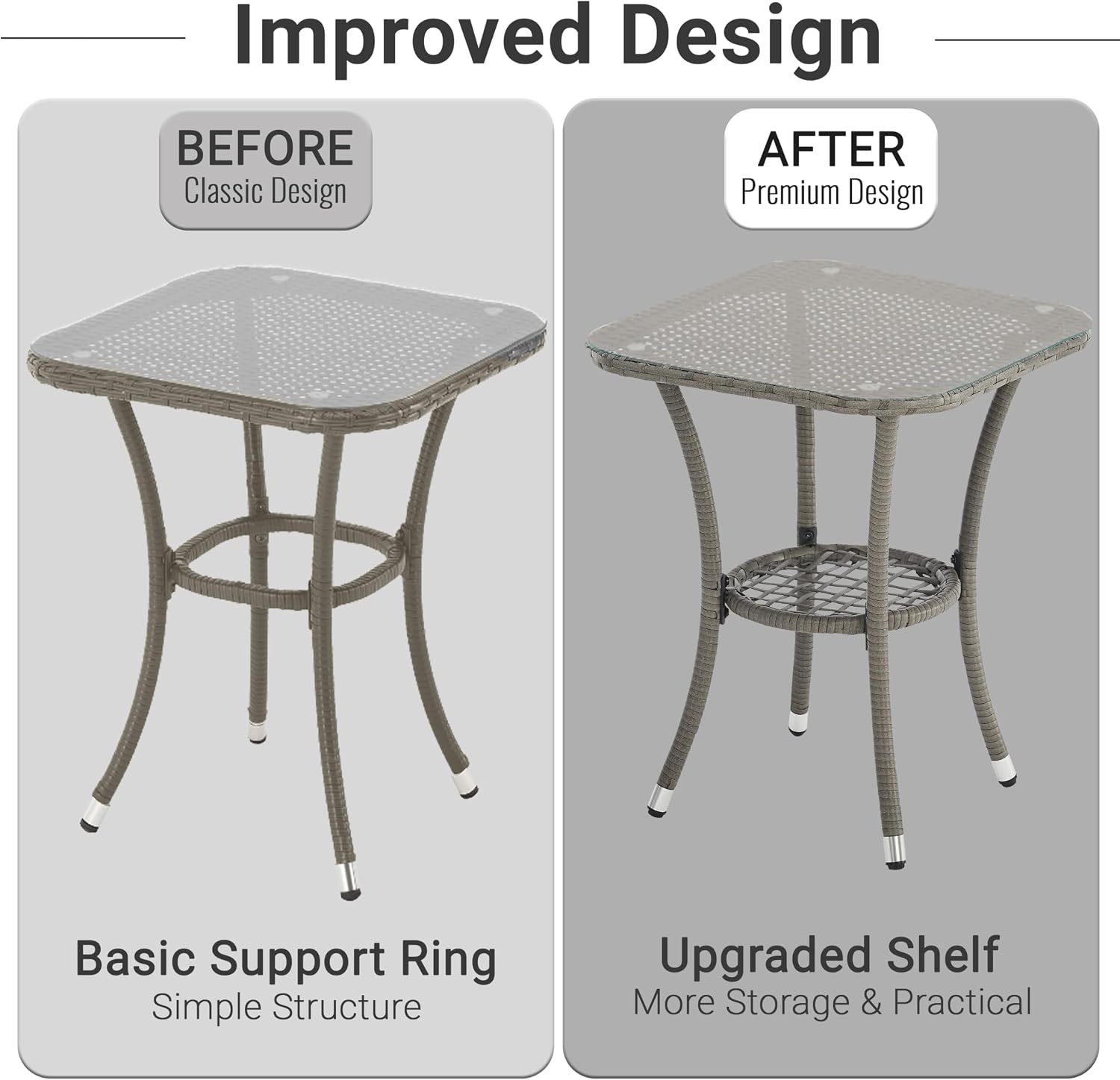 Outdoor Rattan Garden Bistro Set 3 Piece Wicker Table and Chairs Furniture with Cushions Glass Top Coffee Table for Conservatories Balcony Patio Poolside and Terrace (Grey)