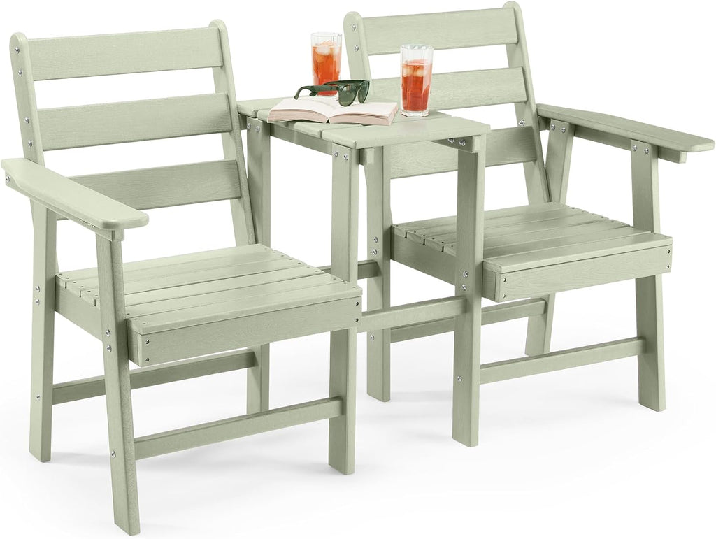 Seat for Garden - 2 Seater Sage Green Jack &amp; Jill Loveseat Patio Set - 2 Person HDPE Companion Set with Built-in Parasol Hole for Terrace