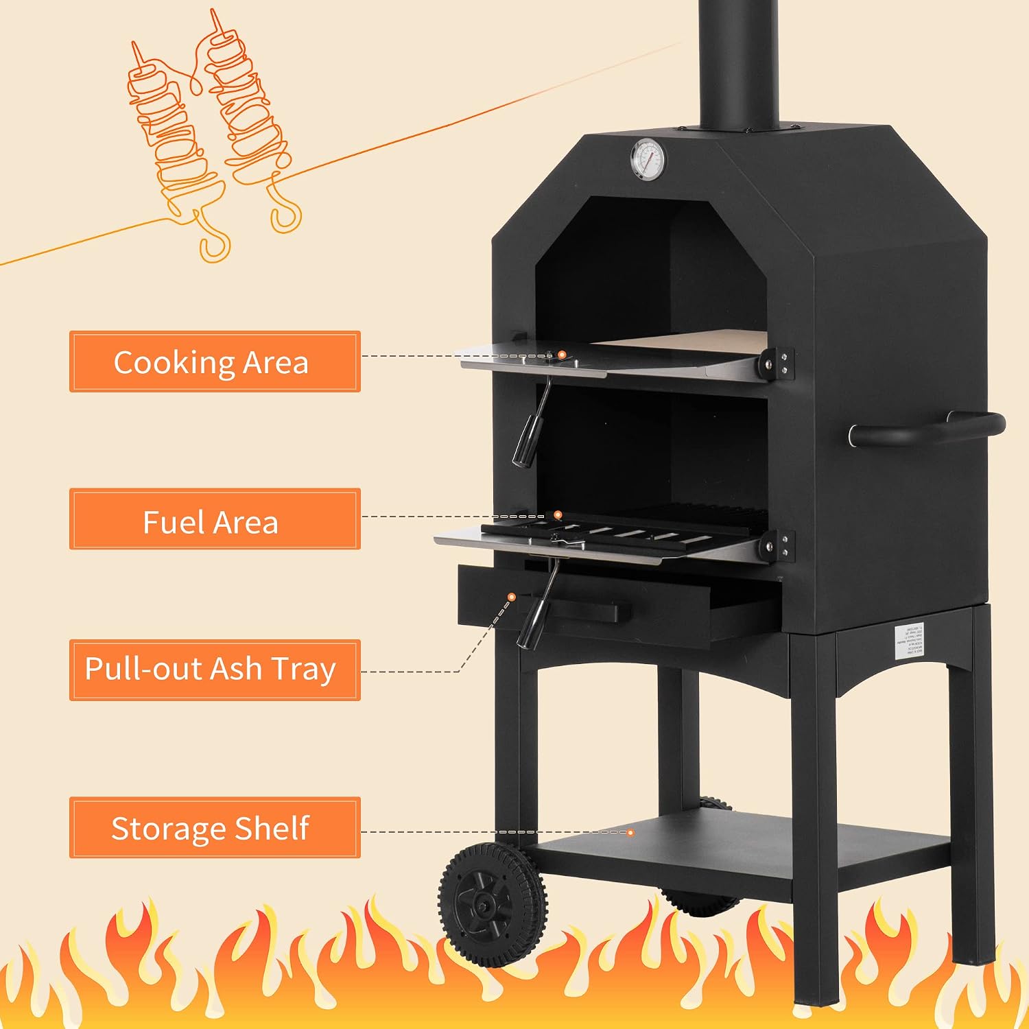 Outdoor Garden Pizza Oven Charcoal BBQ Grill 3-Tier Freestanding w/Chimney