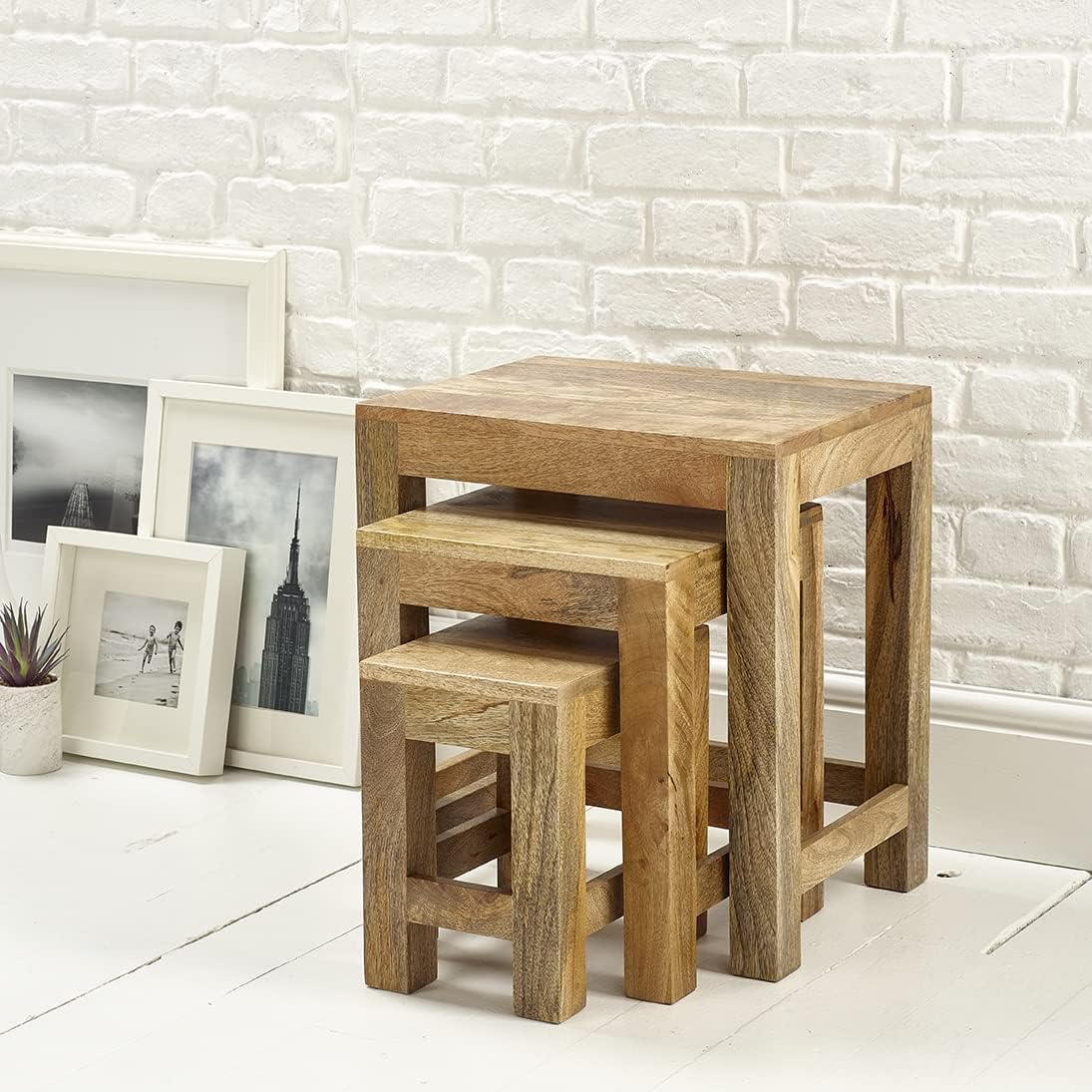 Wood Nest Of Three 3 Tables End Side Lamp Table (Light)