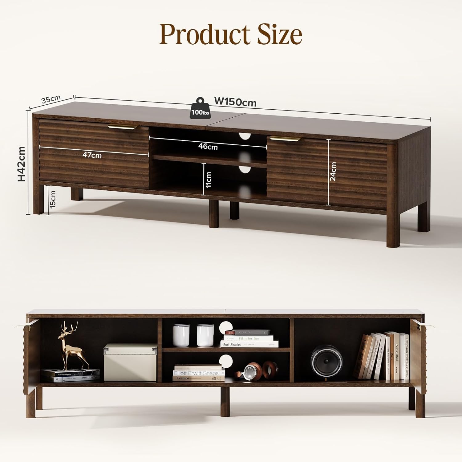 Wooden TV Stand Cabinet - 150cm Long TV Unit With Storage And Adjustable Shelves