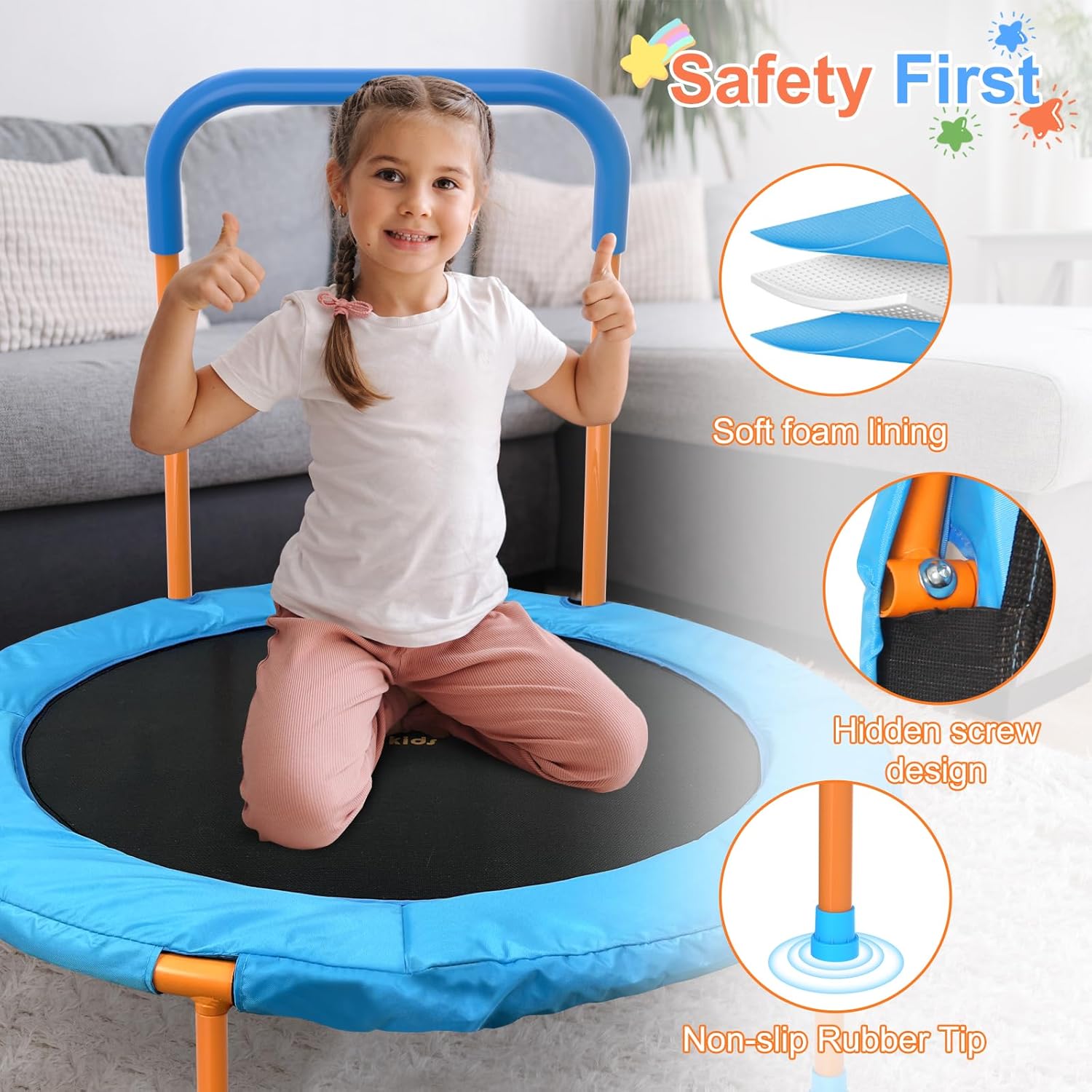 36''Foldable Rebounder Band Big Handle Trampoline for Toddlers Kids With Super Safety Pad Foam Handle Oxford Padded Noise-Free Kids Cover Fun for Kids Indoor/Outdoor for 3-6 years old