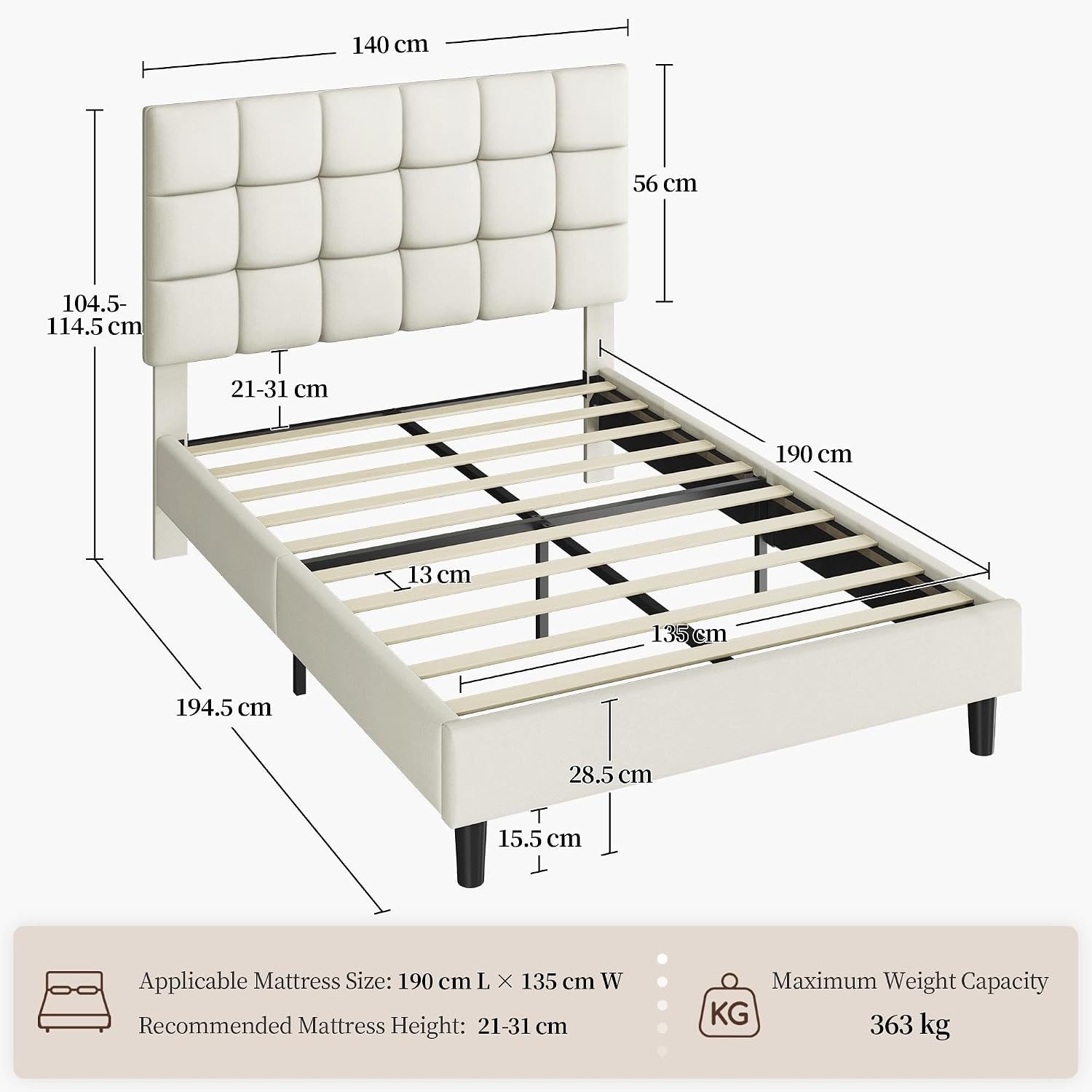 Double Bed Frame Upholstered Platform Bed with Adjustable Square Tufted Headboard/Linen Fabric/Sturdy Wooden Slat Support/No Box Spring Needed