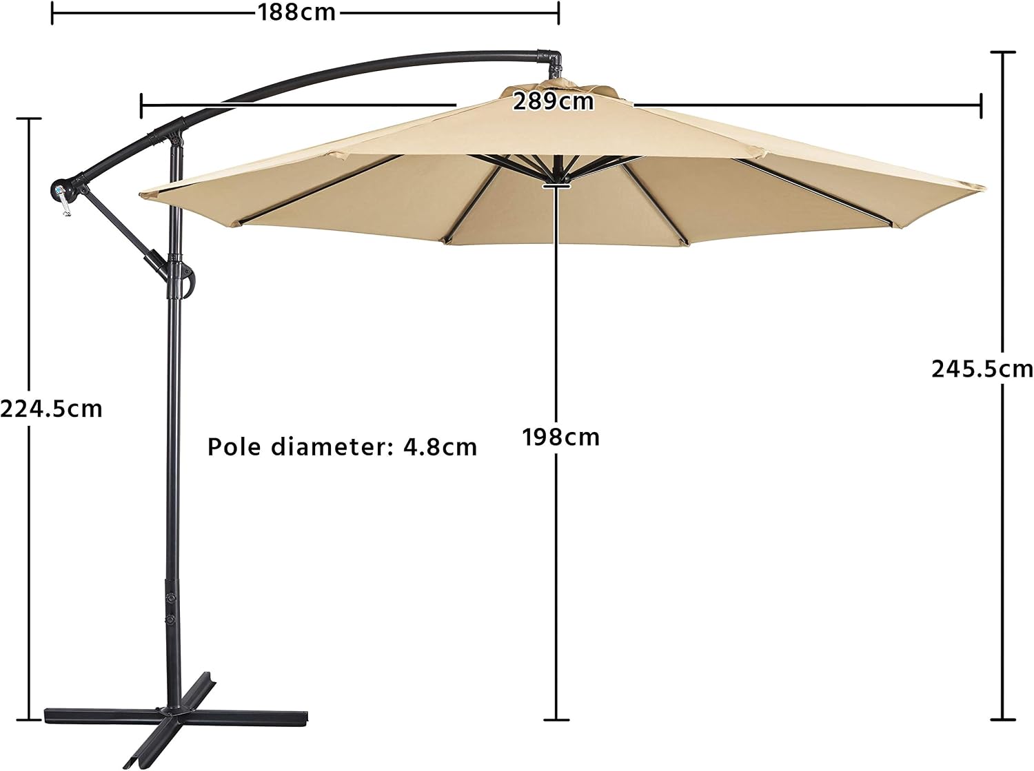 Parasol Umbrella 3m Outdoor Sun Shade Banana Hanging Parasol Beach Umbrella with Crank Handle &amp; Cross Base &amp; Ribs Tan