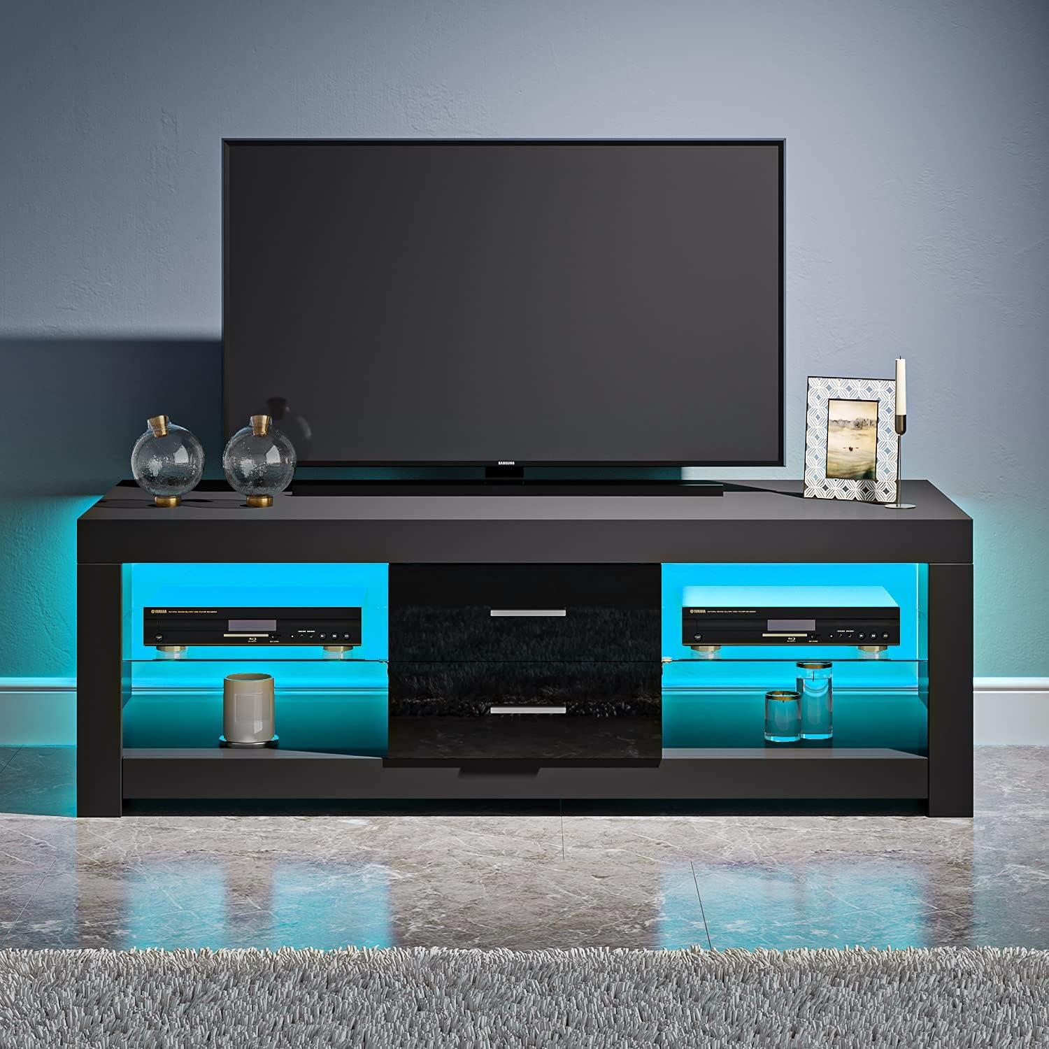 TV Stand Cabinet 2 Drawer 2 Glass Shelves LED Lighted TV Console Unit for 22"-55" Flat Screen 4k TVs (black)