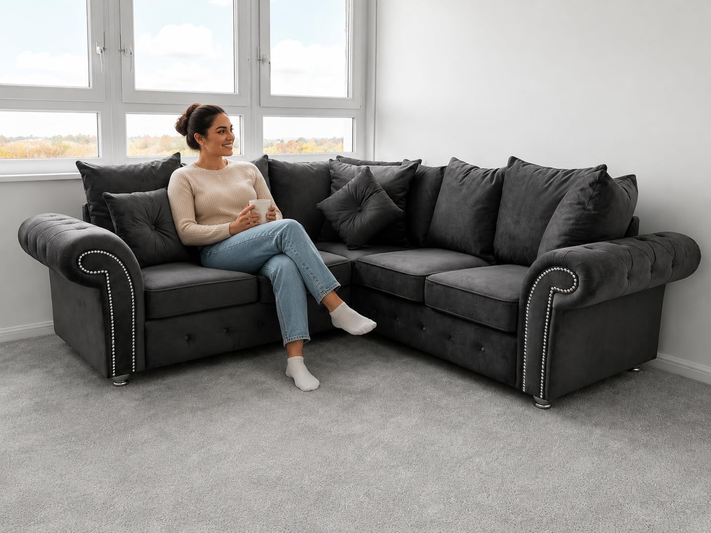 Grey Velvet Corner Sofa