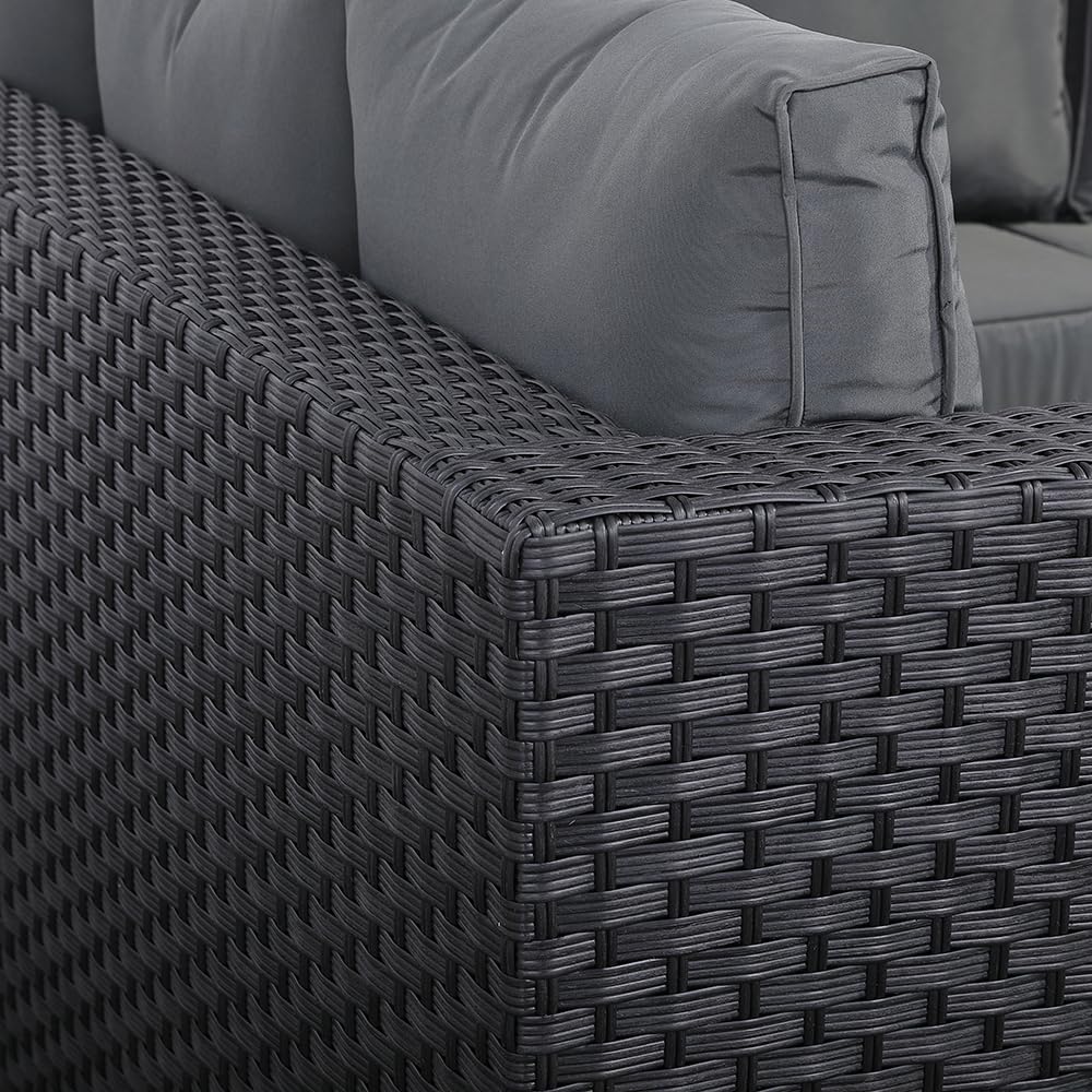Rattan Rattan Corner Sofa Set Rattan Garden Furniture Set Patio Corner Sofa Set with Rising Table and Washable Cushions (black