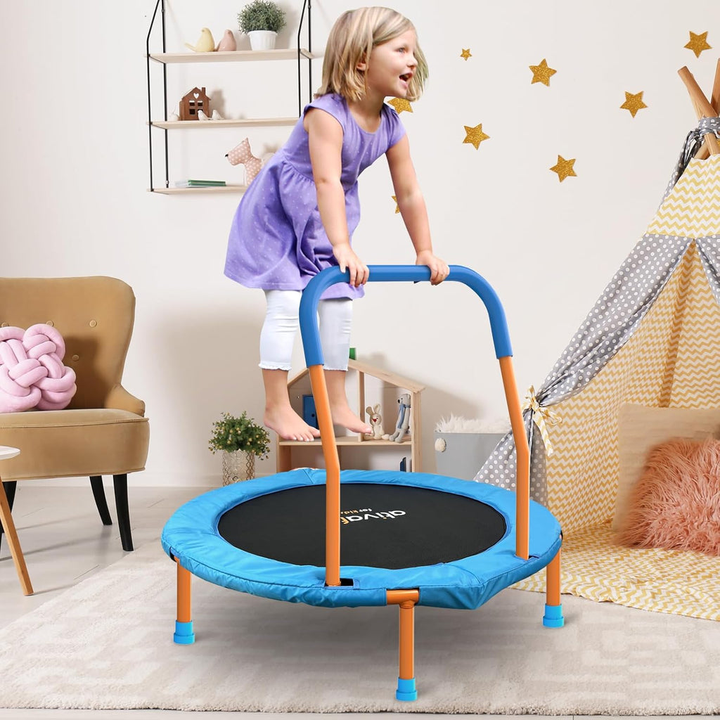 36''Foldable Rebounder Band Big Handle Trampoline for Toddlers Kids With Super Safety Pad Foam Handle Oxford Padded Noise-Free Kids Cover Fun for Kids Indoor/Outdoor for 3-6 years old