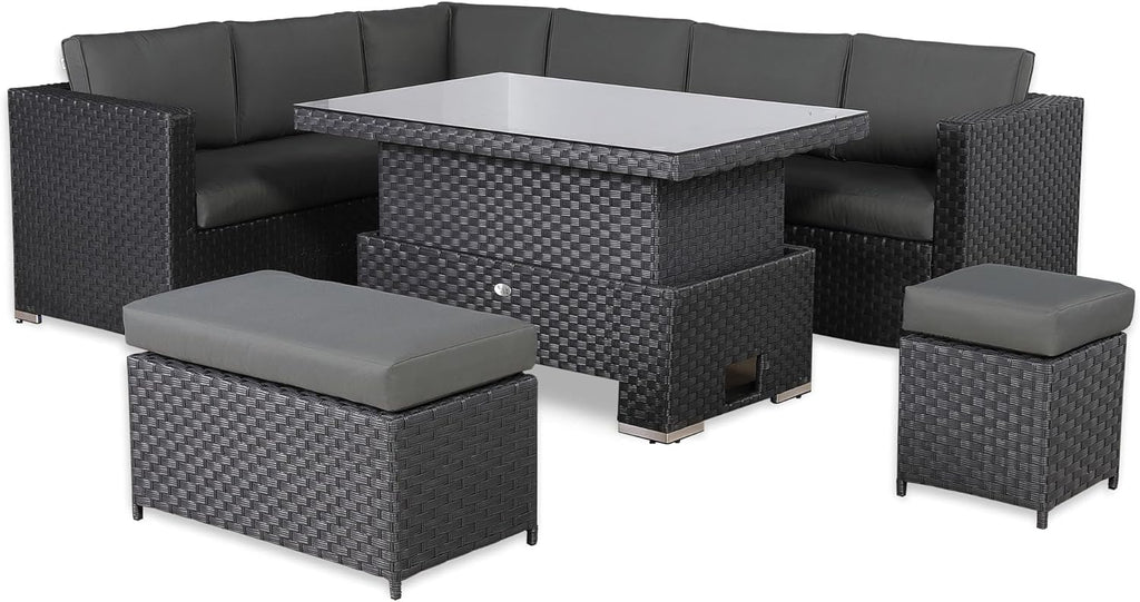 Rattan Rattan Corner Sofa Set Rattan Garden Furniture Set Patio Corner Sofa Set with Rising Table and Washable Cushions (black