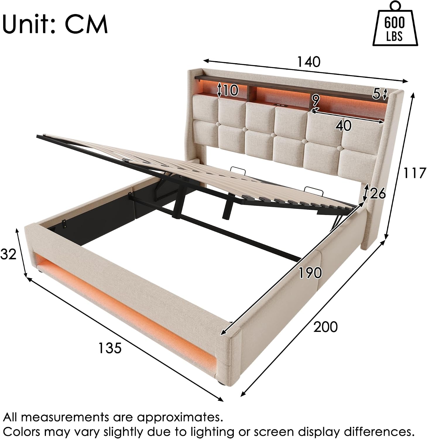 4ft6 Double Bed Frame with Hydraulic Lift&amp;LED Storage Headboard