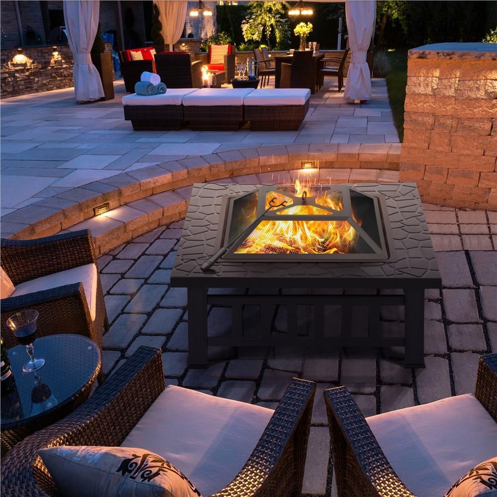 Outdoor Fire Pit 81cm Square Firepit 3-in-1 Heat-Resistant Metal Garden Stove for Barbecue