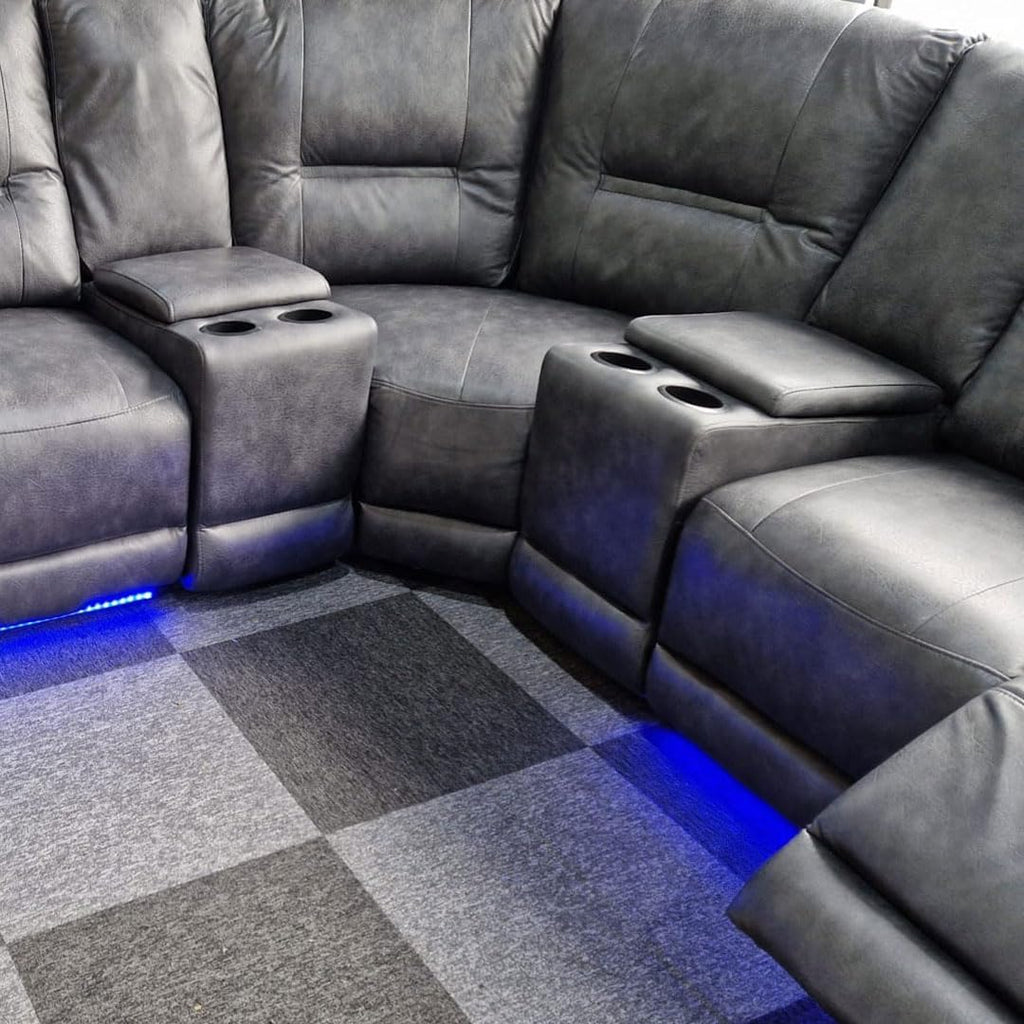 Leather Electric Recliner Sofa With Cupholders - Leather Corner Sofa - 3+2 Seater - USB Charging Ports - LED Lights - Grey(Corner)