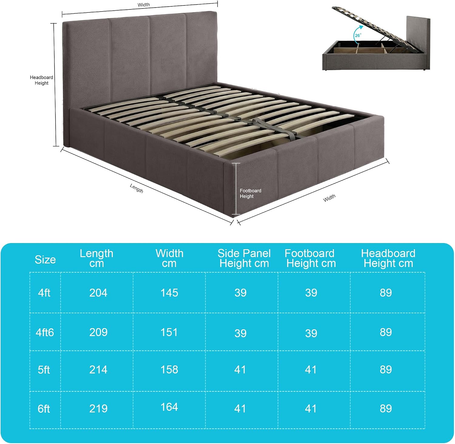 3FT Single Size Modern Selena Ottoman Gas Lift Storage Premium Fabric Bed - Grey