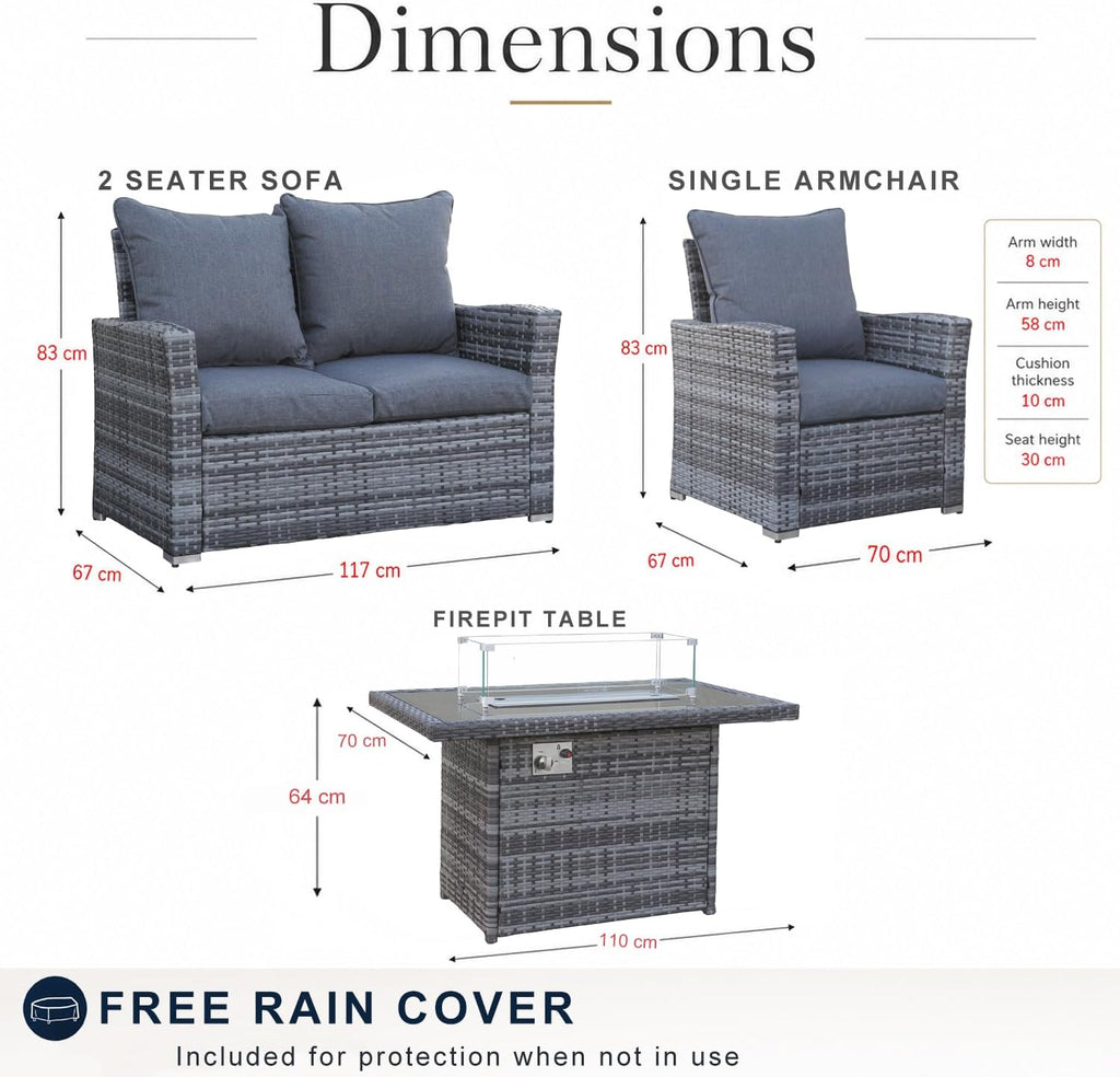 4 Seater Rattan Garden Furniture Set with Fire Pit Table - Outdoor Patio furniture - Conservatory Sofa sets - RAIN COVER INCLUDED (Dark Grey