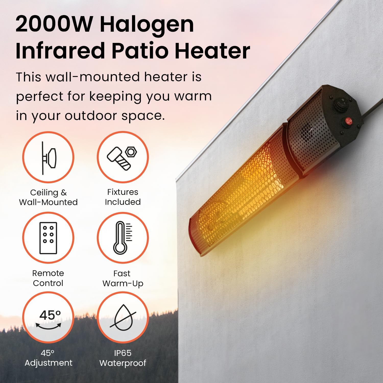 2000W - IP65 Waterproof Outdoor Halogen Infrared Patio Heater - Wall Mounted Electric Heater With Remote Control for Garden - 2 Heat Settings - Fixtures &amp; Fittings included