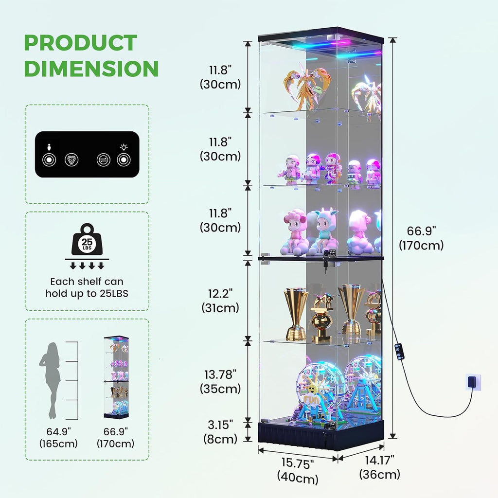 67″ RGB Glass Display Cabinet with Human Sensor,Modern Storage Bookcase Cabinet with Dynamic lighting,5 Tier Curio Cabinet with Lockable Glass Door for Study,Living Room,Bedroom,Black