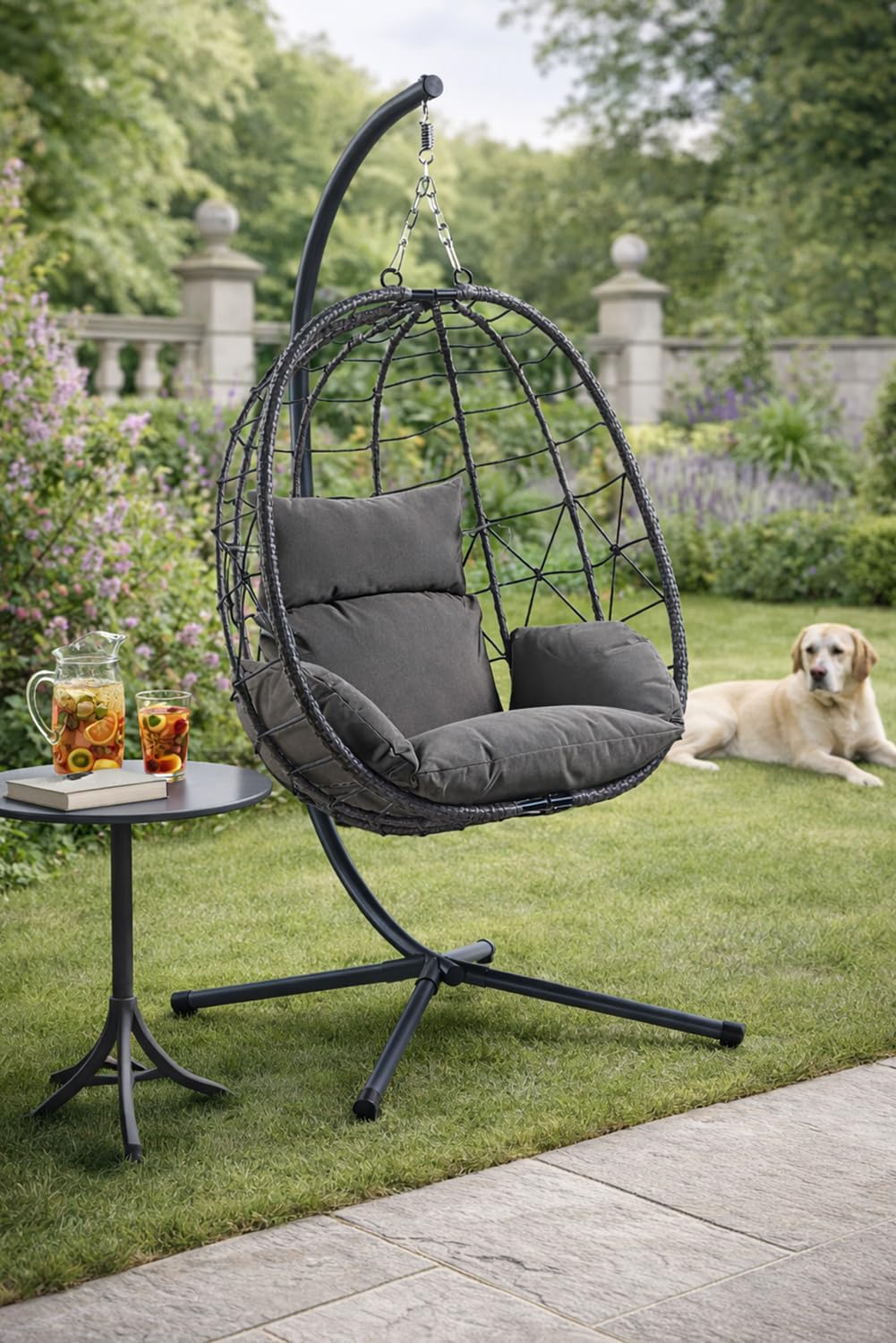 Folding Hanging Egg Chair INCLUDES WEATHERPROOF COVER - Outdoor and Indoor Rattan Weave Swing Chair Hammock - Hanging Chair (Grey with Grey Cushion)
