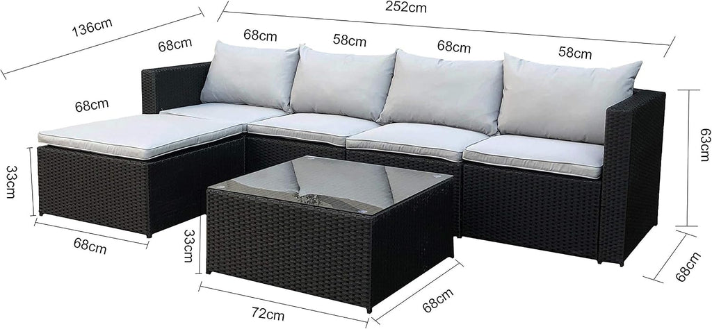 Black Outdoor Rattan Garden Furniture Set for Patio Conservatories with 5 seat Modular Sofa Glass Top Coffee Table Foot Stool Cushions and Fade Resistance (Black)