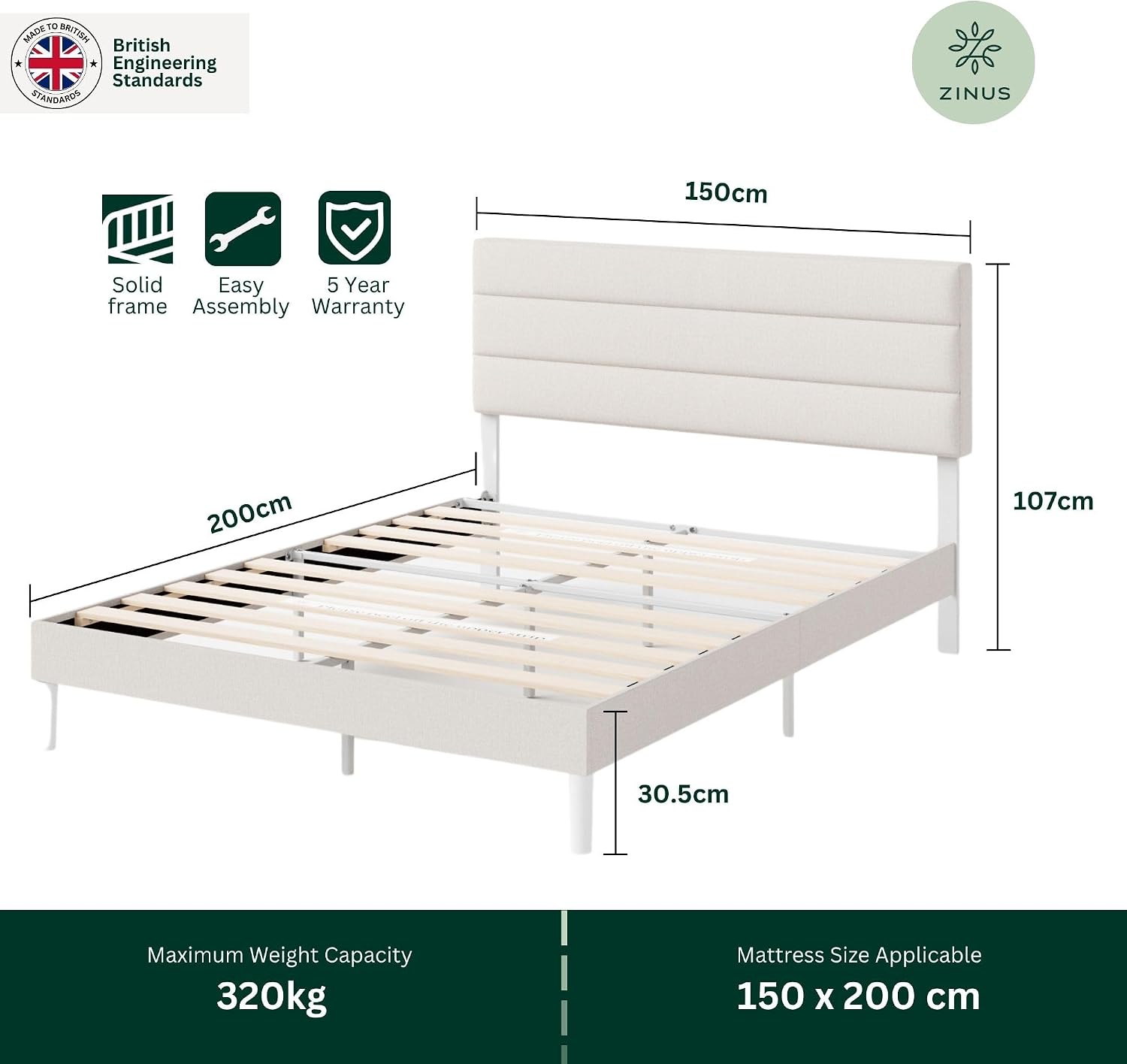 King Upholstered Bed Frame with Headboard (150 x 200 cm)
