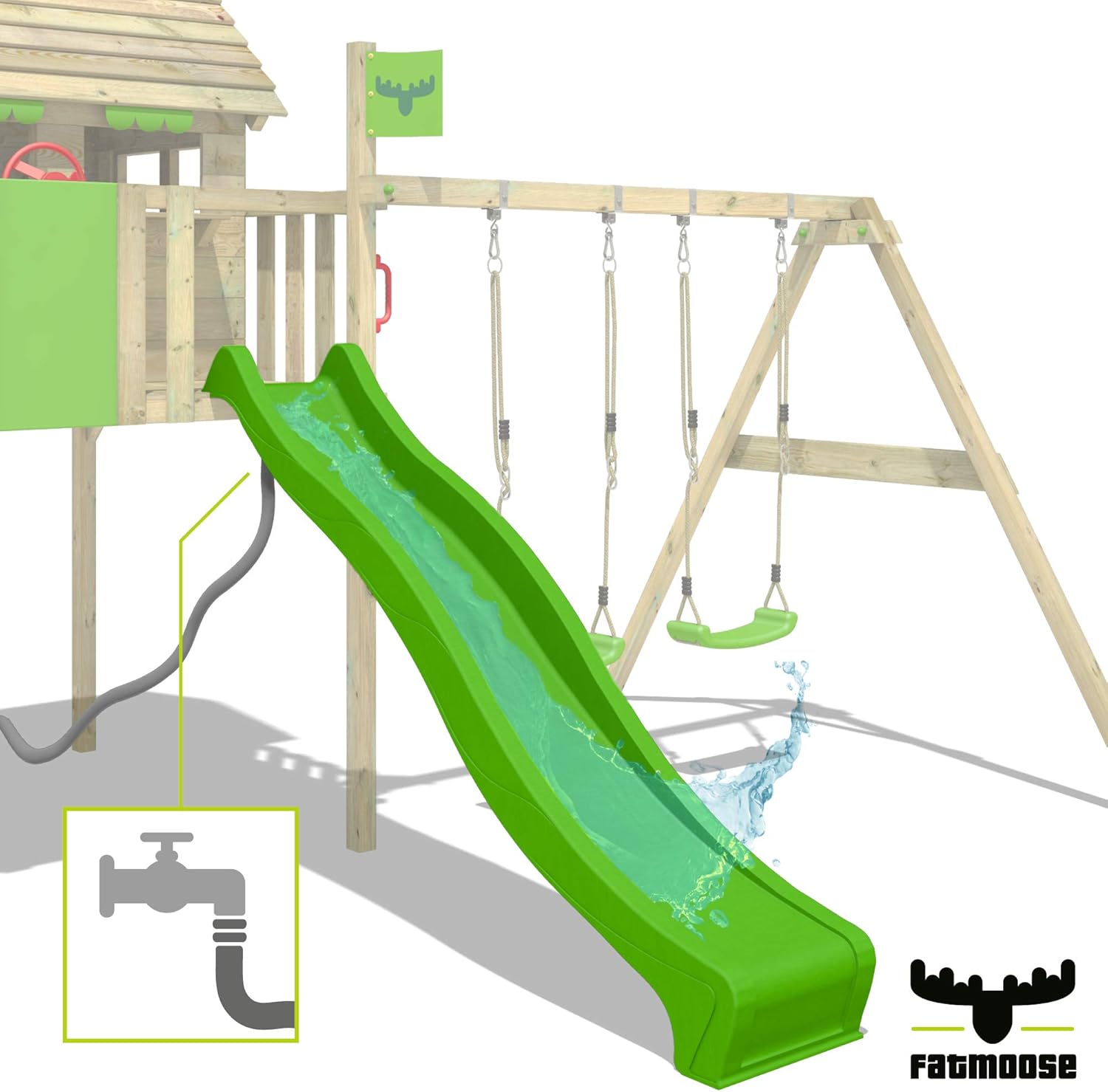 Wooden climbing frame ActionArena Air XXL with swing set &amp; apple green slide